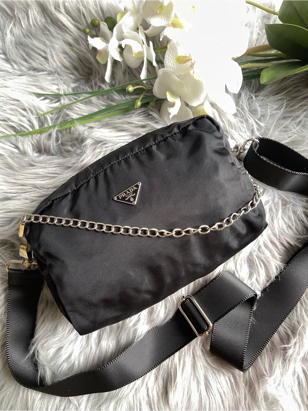 Prada Black Nylon Crossbody with Silver Chain Accent